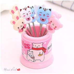 Bộ Nĩa Xiên Trái Cây 8 Que Hình Thú Siêu Dễ Thương Kèm Cốc Đựng