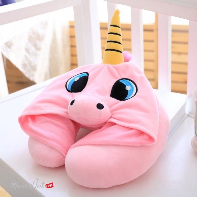 Gối Kê Cổ Chữ U Có Mũ Unicorn - Mầu Hồng