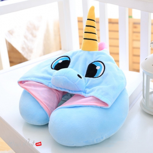 Gối Kê Cổ Chữ U Có Mũ Unicorn - Mầu Xanh